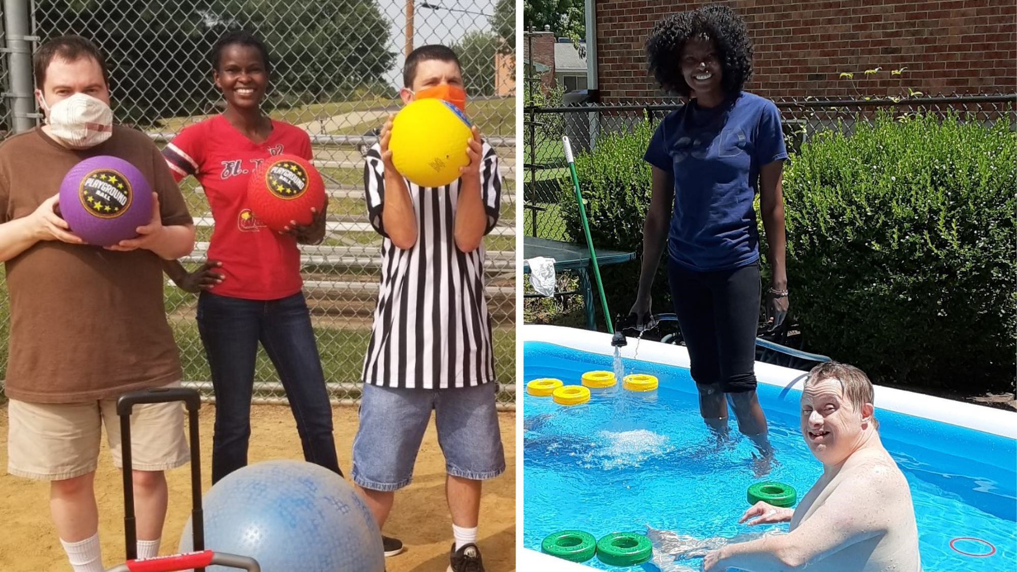 Emmaus Team Member Winnie with clients swimming and playing kickball