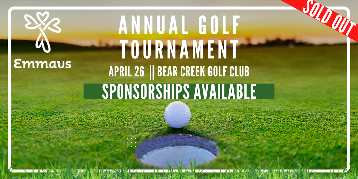 Annual Golf Tournament flyer for Emmaus, scheduled for April 26 at Bear Creek Golf Club, indicating 'Sponsorships Available' with a 'Sold Out' banner across the corner.