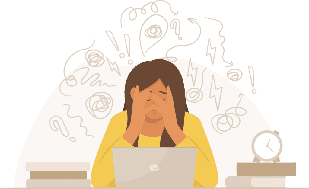 Illustration of a frustrated woman sitting at a desk with her hands on her face in front of a laptop, surrounded by scribbled symbols of chaos, including swirls, lightning bolts, question marks, and exclamation points.