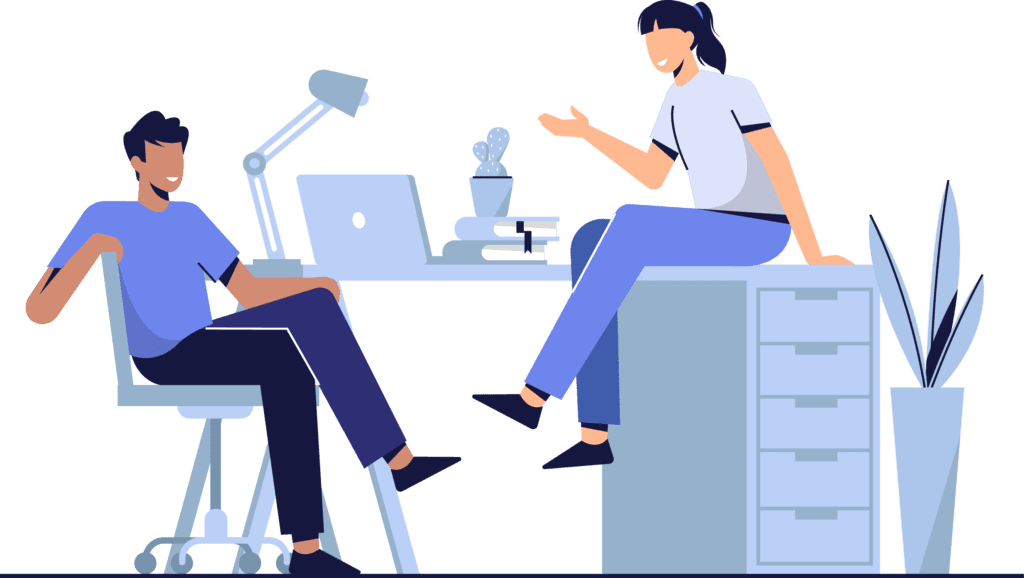 Illustration of two people having a conversation in an office setting, with one sitting on a chair and the other sitting on a desk.