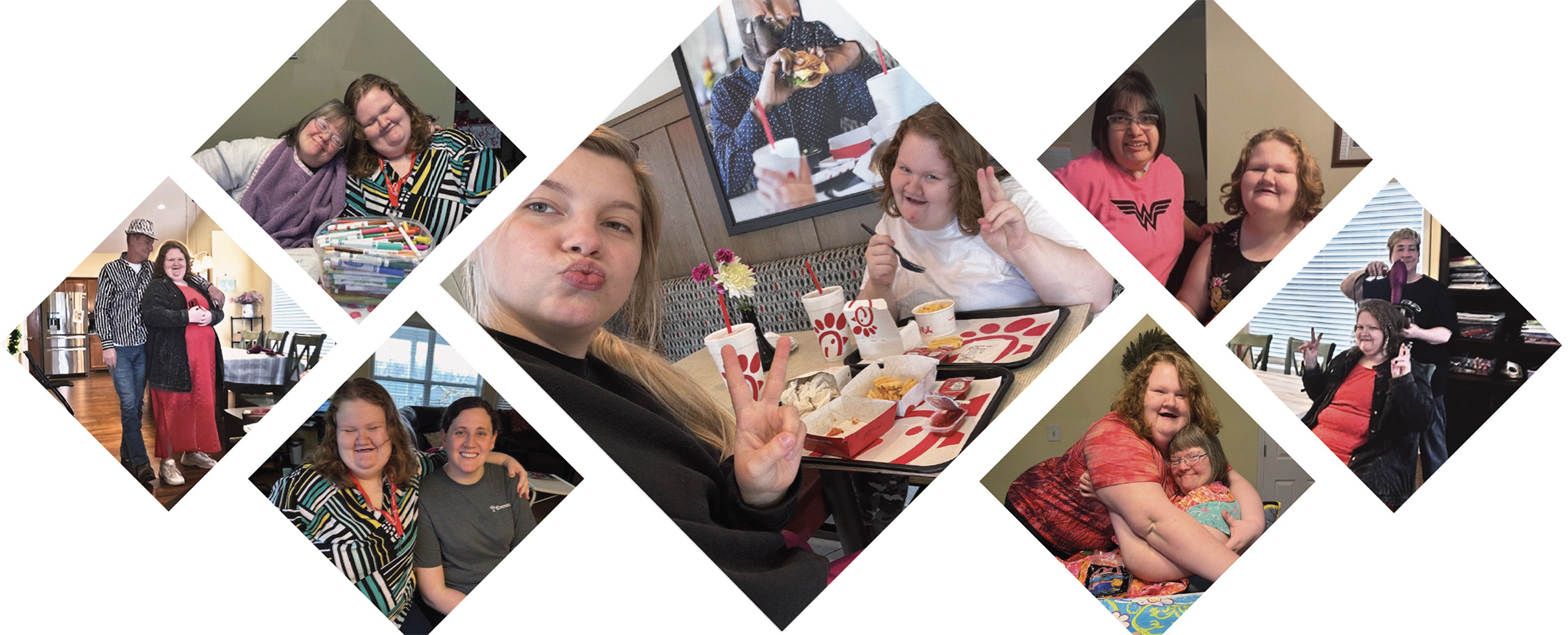 Blog Heather 1 Collage of Heather smiling and spending time with friends, housemates, and staff, including selfies at a Chick-fil-A and group hugs at home.