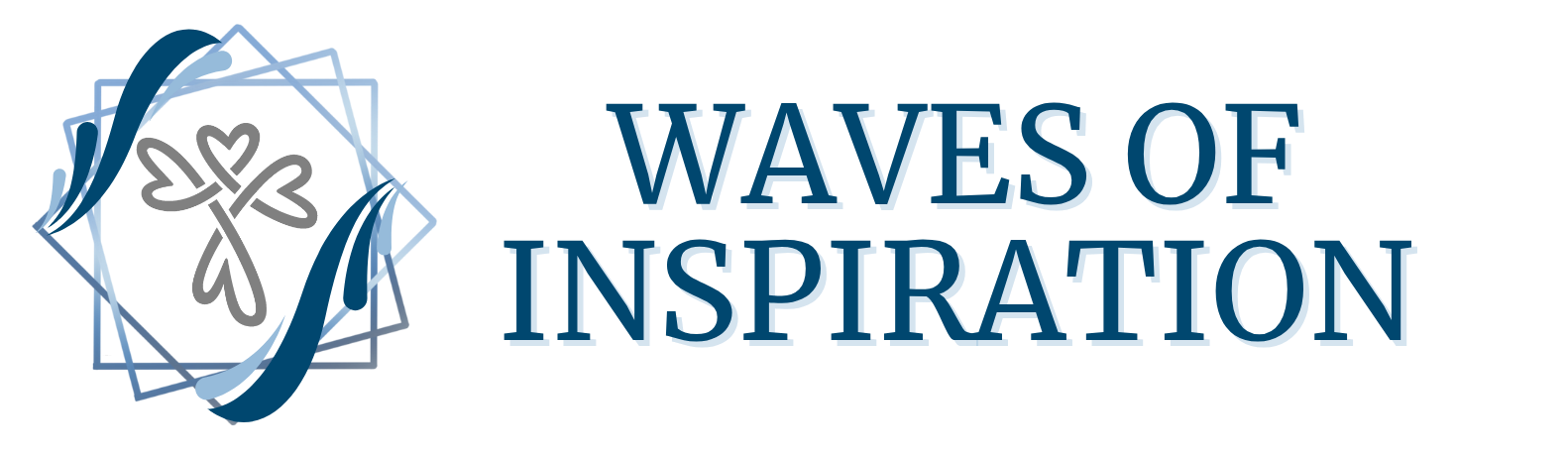 Waves Logo Website Waves of Inspiration logo featuring an abstract blue wave and heart-shaped cross symbol with layered geometric frames.