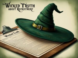 A green witch hat on a clipboard with a checklist titled "Wicked Truth," symbolizing a magical theme for recruitment strategies.