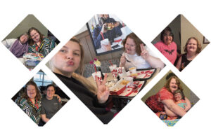 Collage of Heather smiling and spending time with friends, housemates, and staff, including selfies at a Chick-fil-A and group hugs at home.