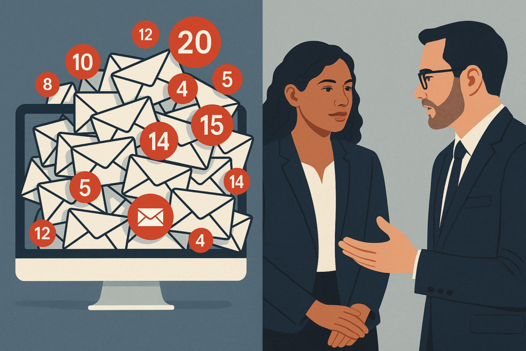 Split-screen illustration: on the left, a desktop monitor overflowing with unopened email envelopes and red notification badges showing high counts; on the right, two business professionals in suits engaged in a face-to-face conversation