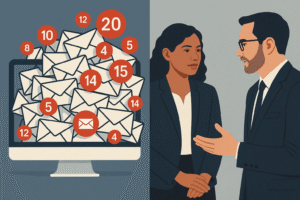 Split-screen illustration: on the left, a desktop monitor overflowing with unopened email envelopes and red notification badges showing high counts; on the right, two business professionals in suits engaged in a face-to-face conversation