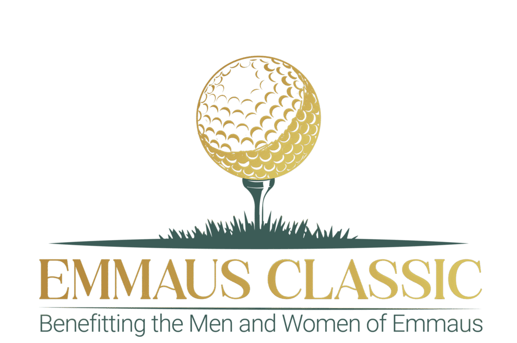 Emmaus Classic golf tournament logo with gold golf ball and text supporting the men and women of Emmaus.