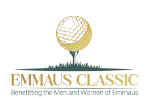 Emmaus Classic golf tournament logo with gold golf ball and text supporting the men and women of Emmaus.