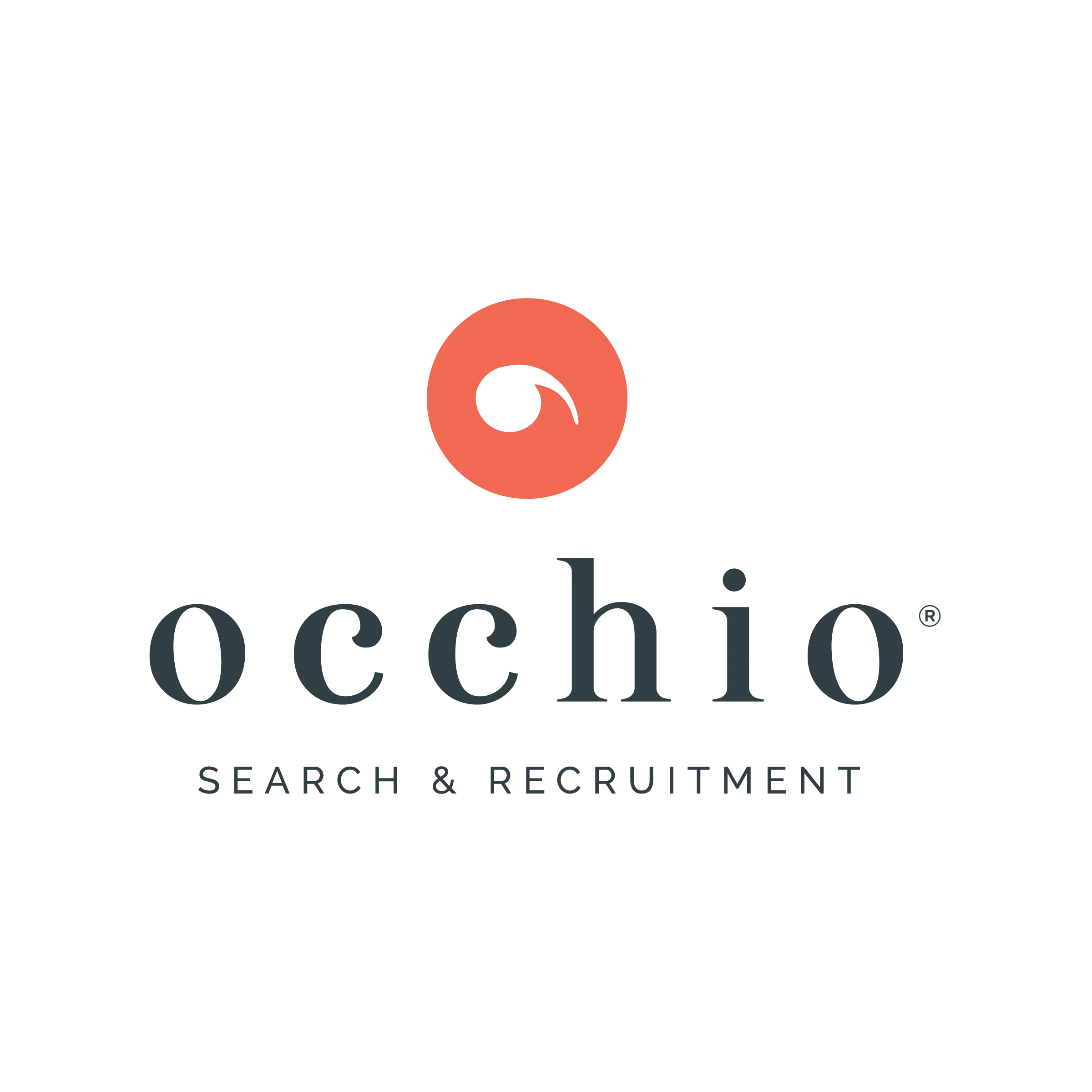 Occhio Search and Recruitment logo with orange circular icon and gray text on a black background
