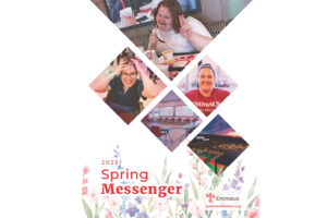 2025 Emmaus Spring Messenger cover featuring joyful clients, staff, The Learning Lab classroom, and Chicken N Pickle event, with spring floral accents.