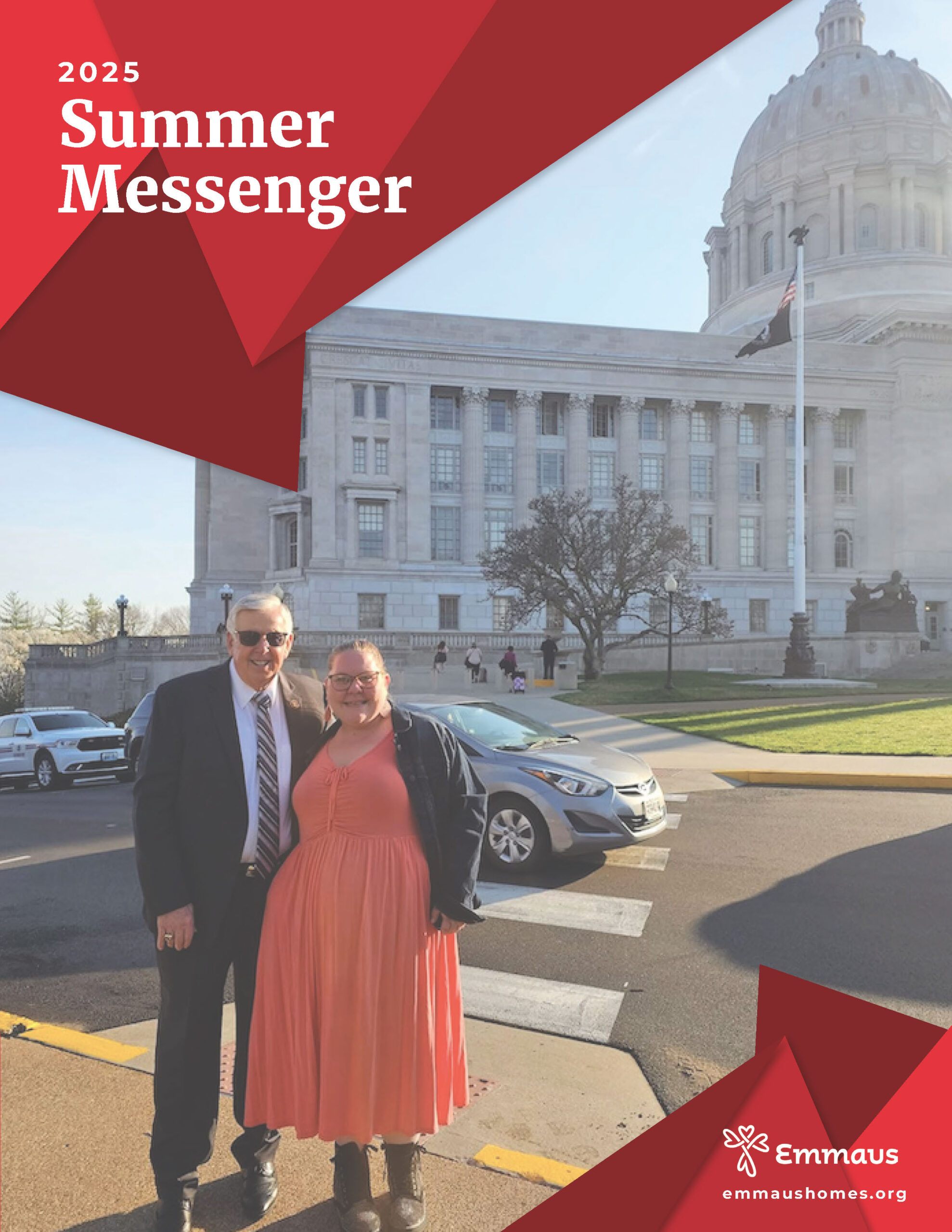 2025 Emmaus Spring Messenger cover featuring joyful clients, staff, The Learning Lab classroom, and Chicken N Pickle event, with spring floral accents.