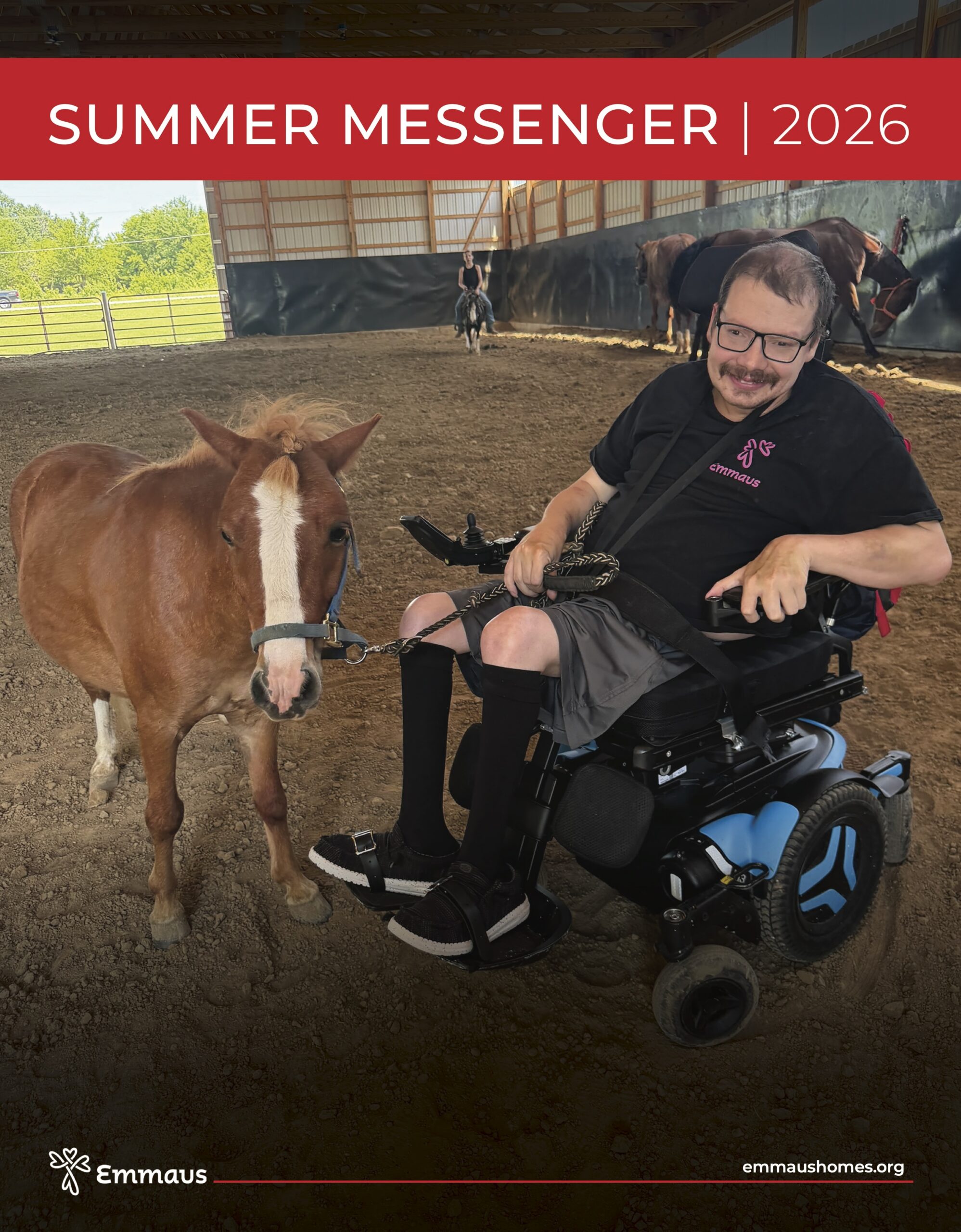 Emmaus Homes client in wheelchair enjoys equine therapy with horse at St. Charles, MO disability services farm