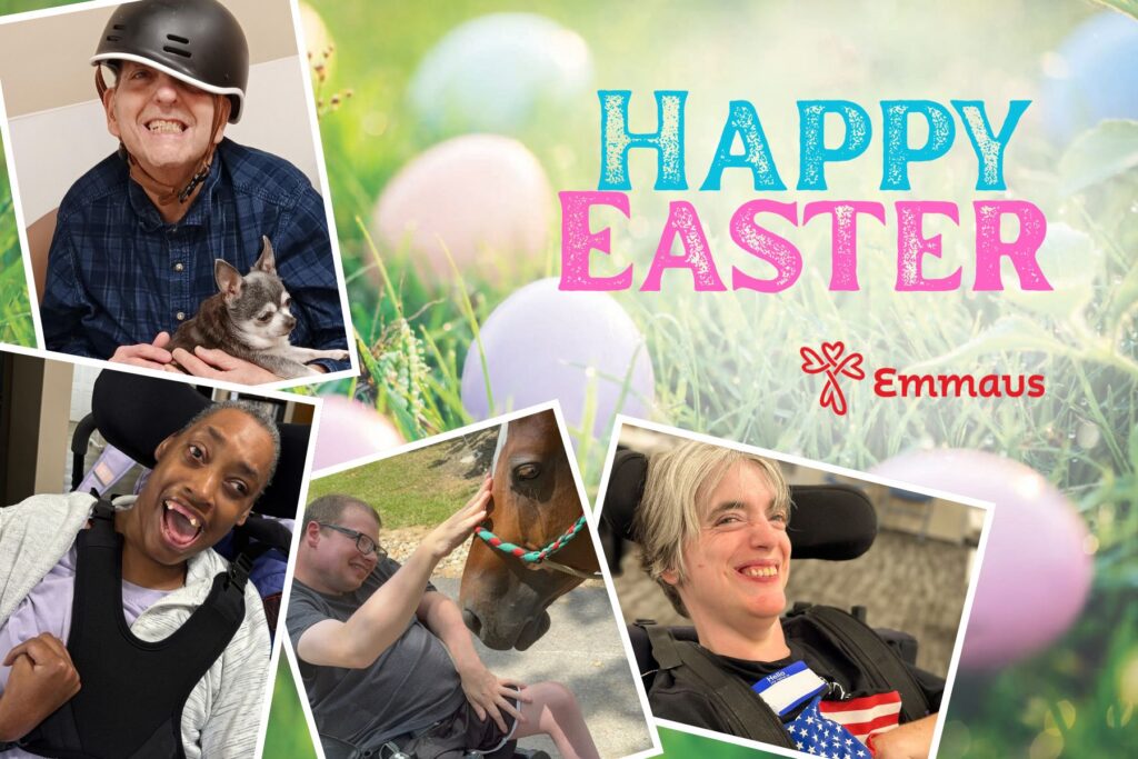 Collage of Emmaus clients smiling and enjoying activities, including holding a dog, petting a horse, and spending time outdoors, with pastel Easter eggs and the words "Happy Easter" and the Emmaus logo.