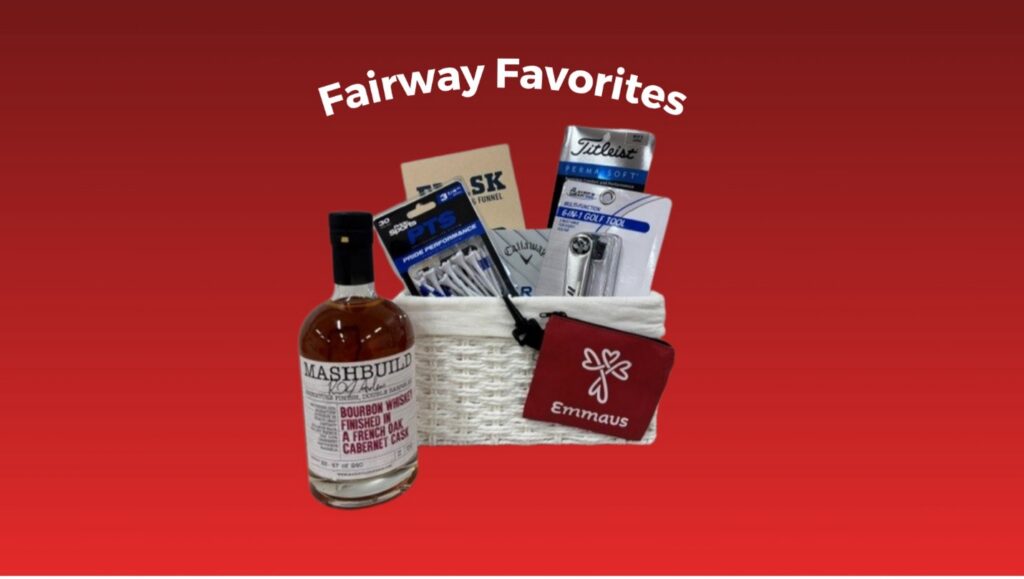 Emmaus Auction golf-themed basket featuring bourbon, golf balls, tees, accessories, and golfer essentials.