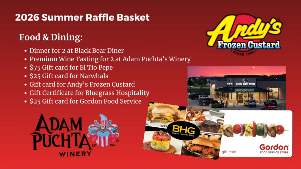 2026 Summer Raffle Basket with restaurant gift cards, winery tasting, frozen custard, and dining experiences.
