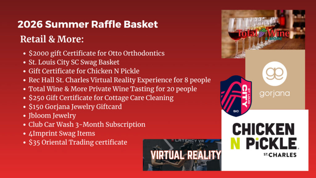 2026 Summer Raffle Basket with orthodontics gift card, City SC swag, wine tasting, VR experience, and jewelry prizes.